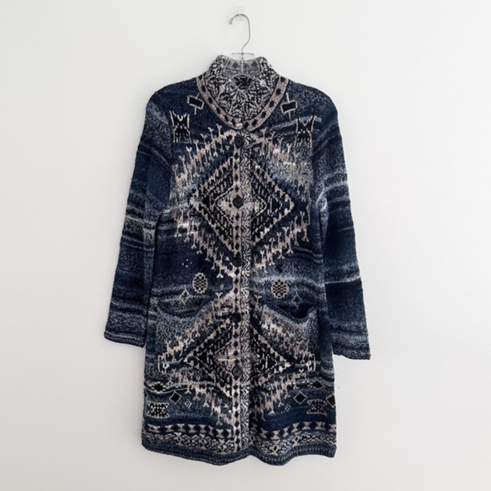 J.Jill Fair Isle Knit Cardigan Sweater Oversized Wool Blend Size XS Petite